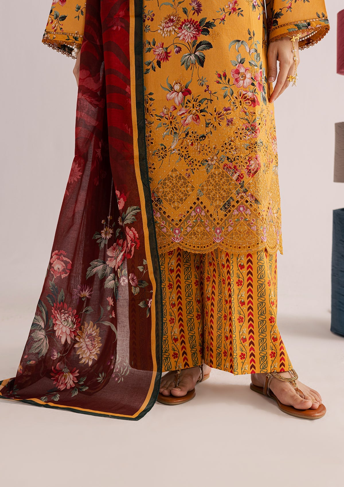 Ladies Embroidered Yellow-Orange Kurta Set Online in UK USA Canada