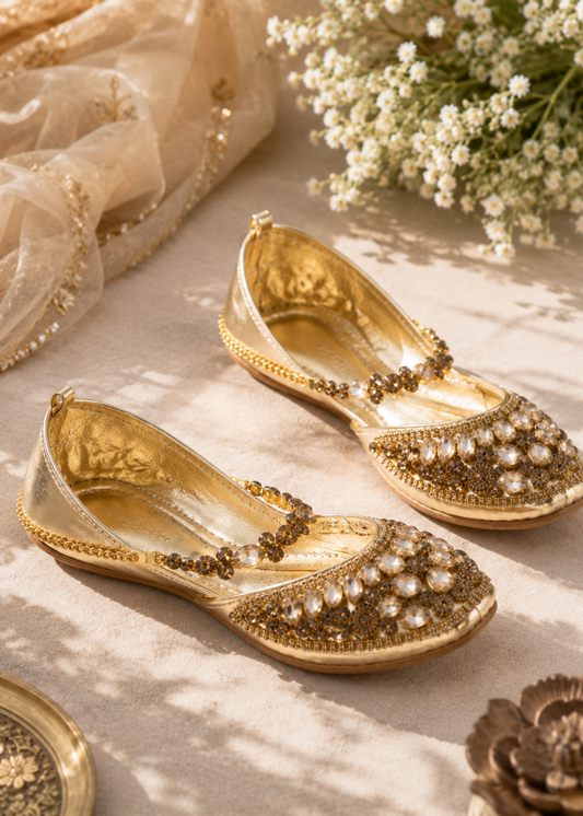 Ladies Ethnic Shoes Gold Khussa Online in KSA Riyadh Saudi Arabia Oman Bahrain Qatar