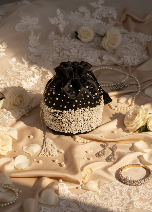 Ladies Evening Bag Black Velvet Pearl Potli Online in Sri Lanka India Australia
