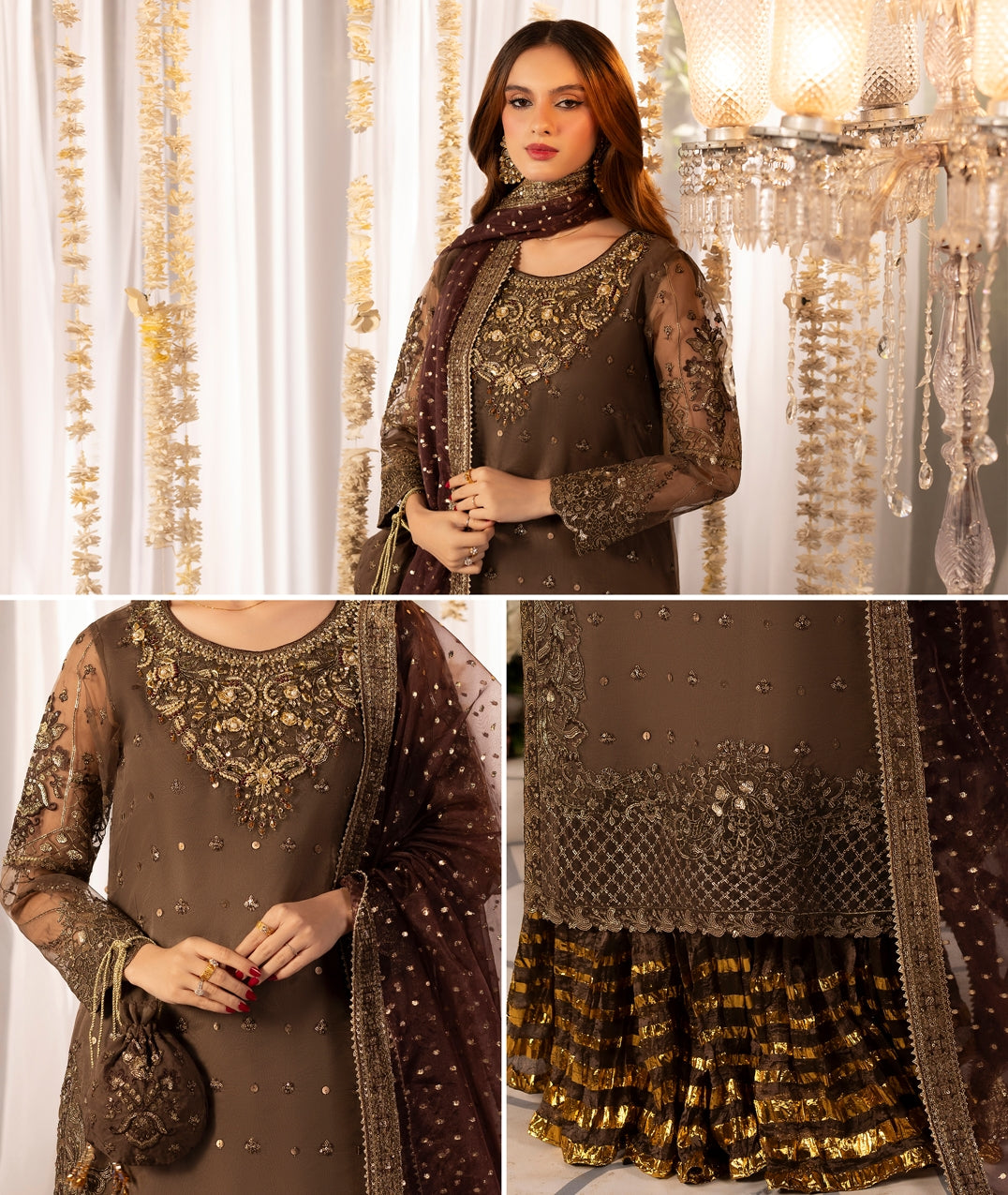 Ladies Fawn Embellished Organza Sharara Online in UK USA Canada