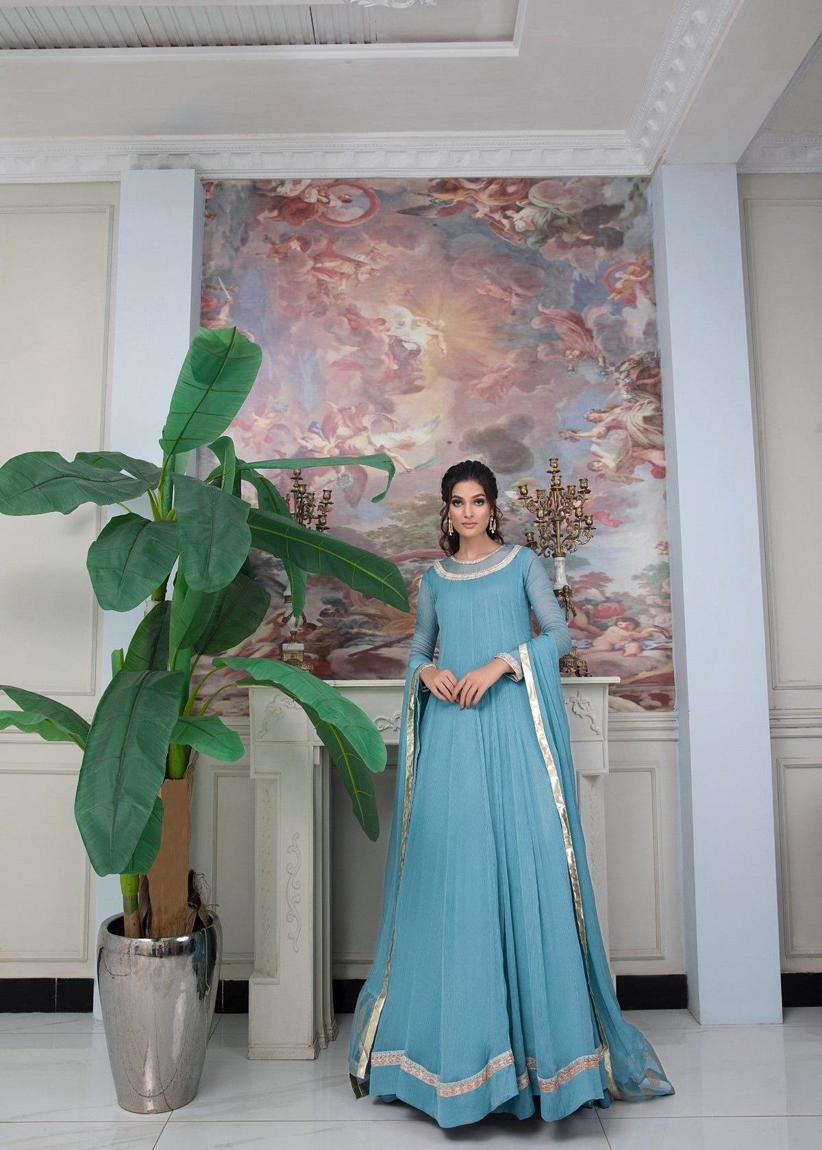 Ladies Ferozi Embellished Chiffon Pishwas Salwar Kameez Online in UK USA Canada