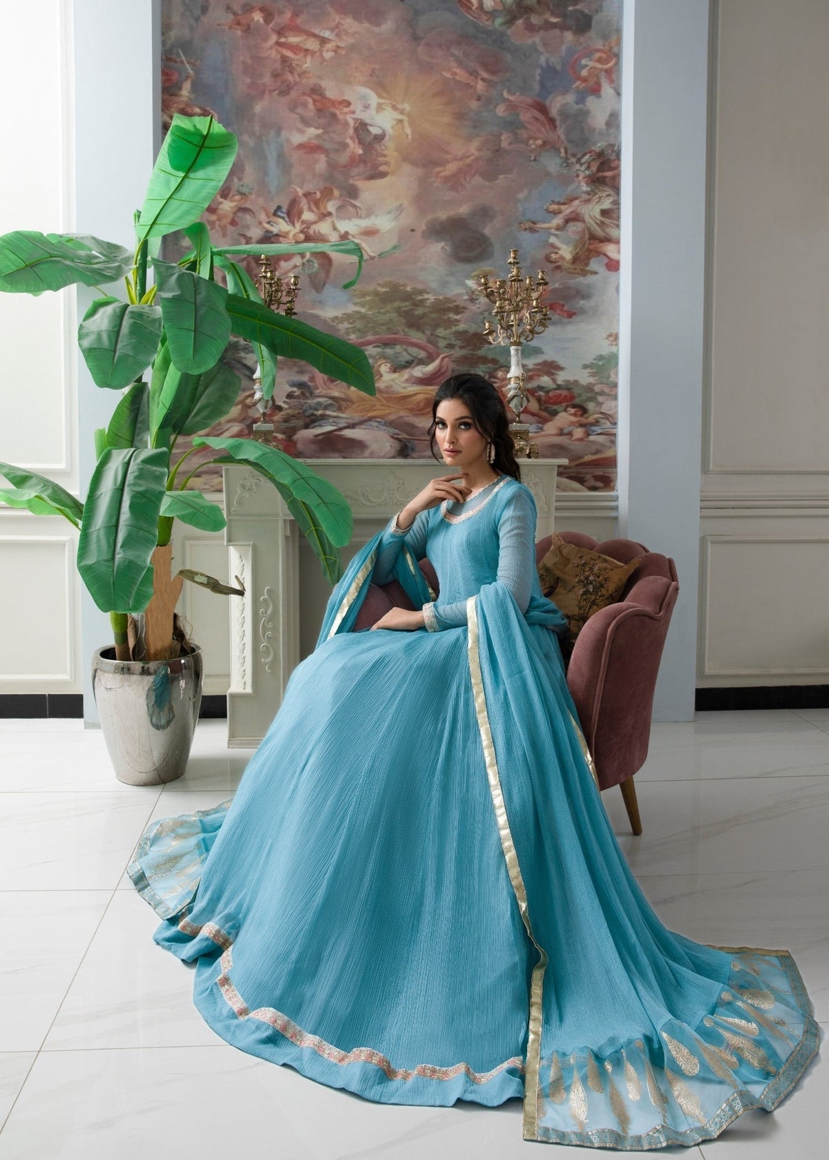 Ladies Ferozi Embroidered Chiffon Sharara Suit Online in UK USA Canada