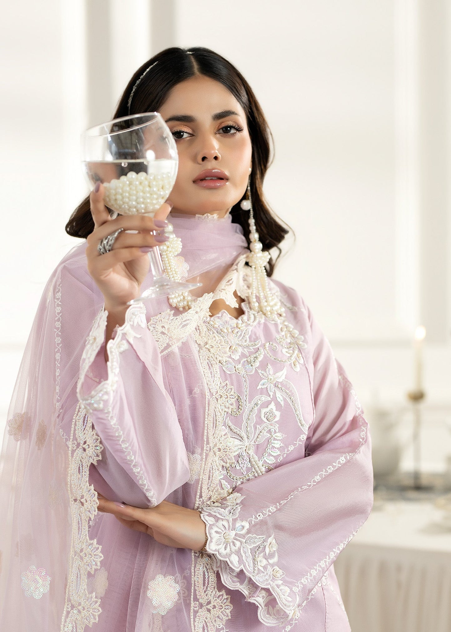 Ladies Festive Lilac Embroidered Silk Suit Online in UK USA Canada