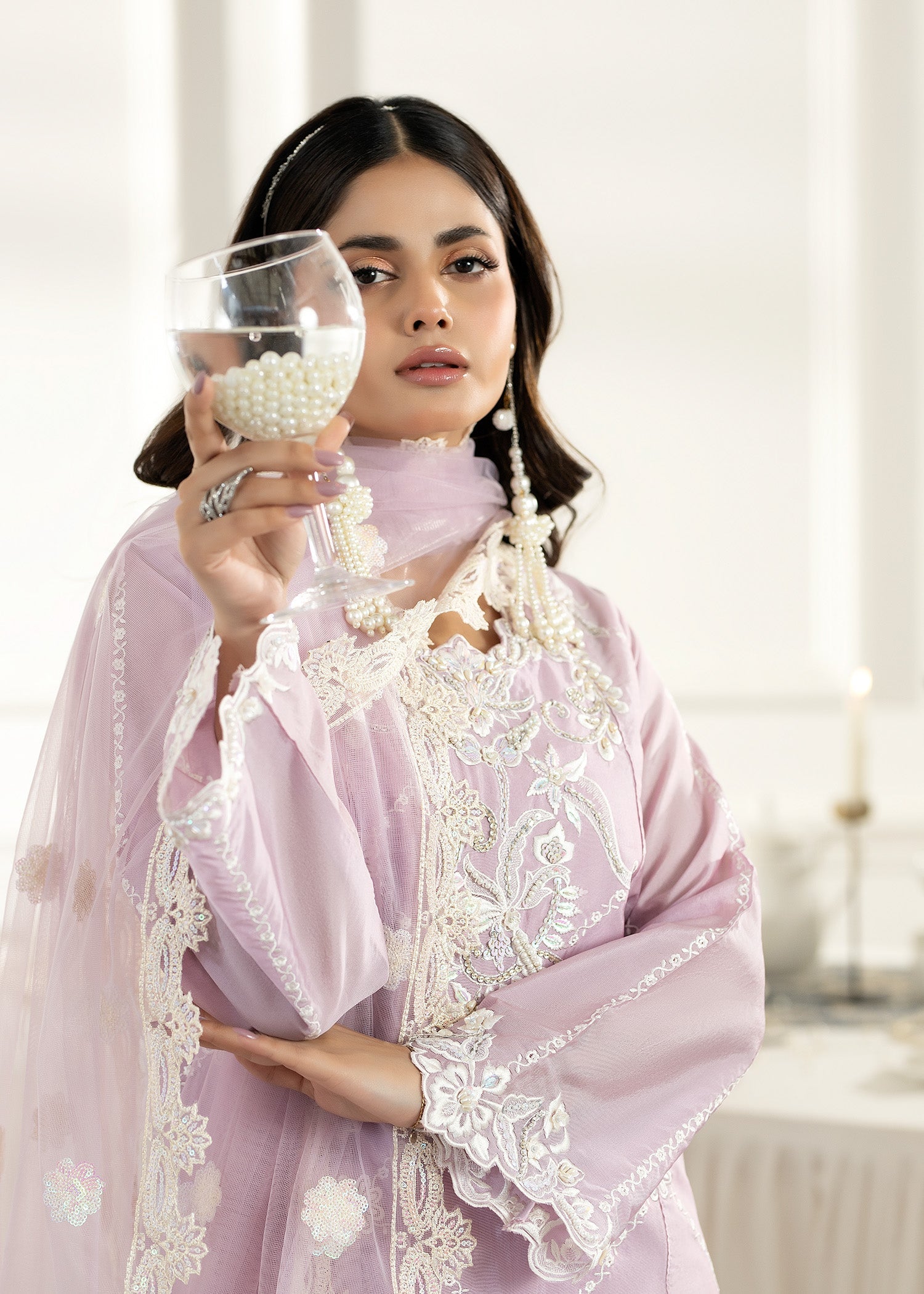 Ladies Festive Lilac Embroidered Silk Suit Online in UK USA Canada