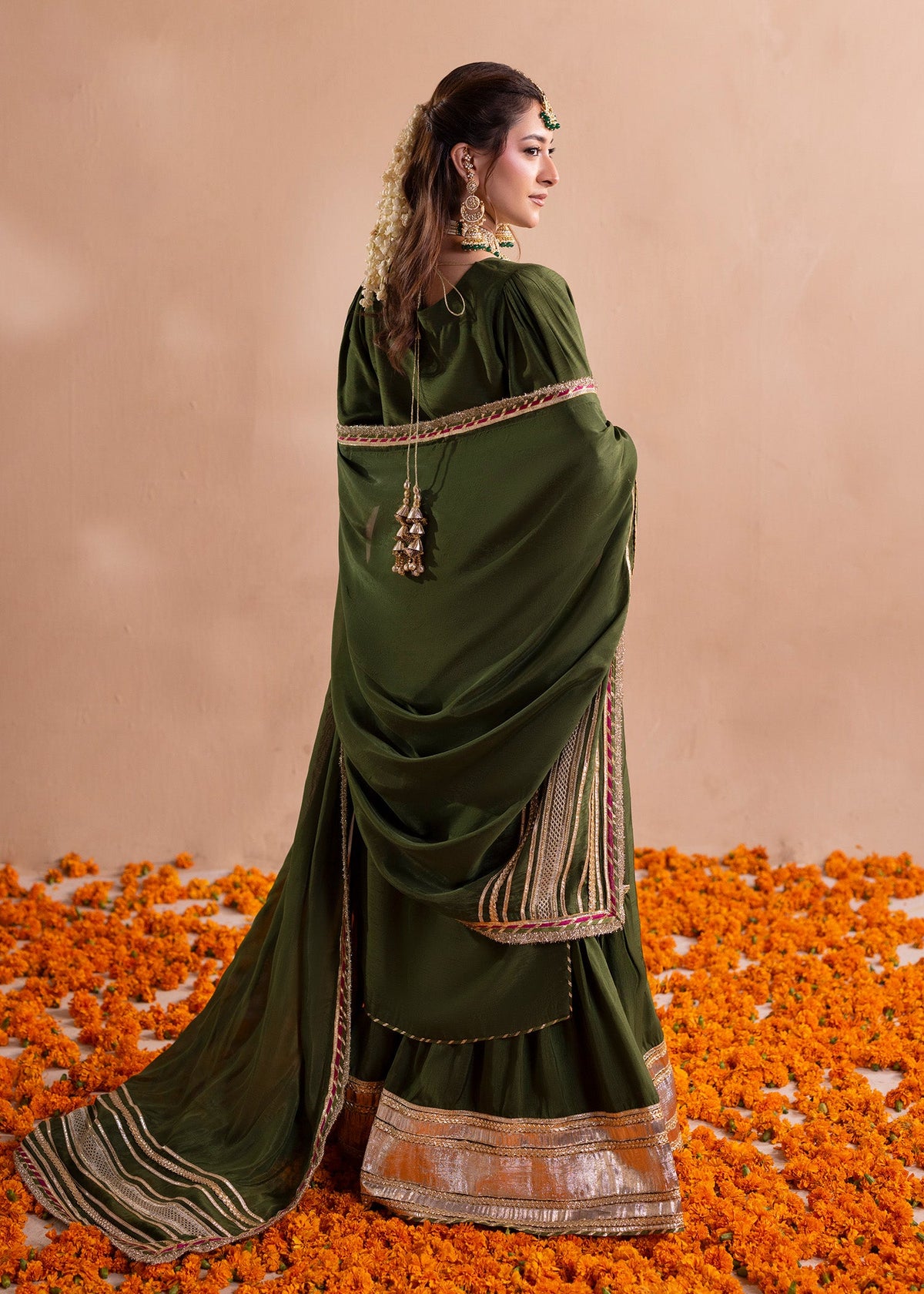 Ladies Festive Olive Green Raw Silk Gharara Online in UK USA Canada
