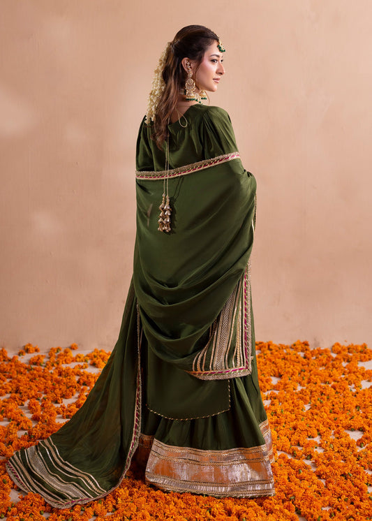 Ladies Festive Olive Green Raw Silk Gharara Online in UK USA Canada