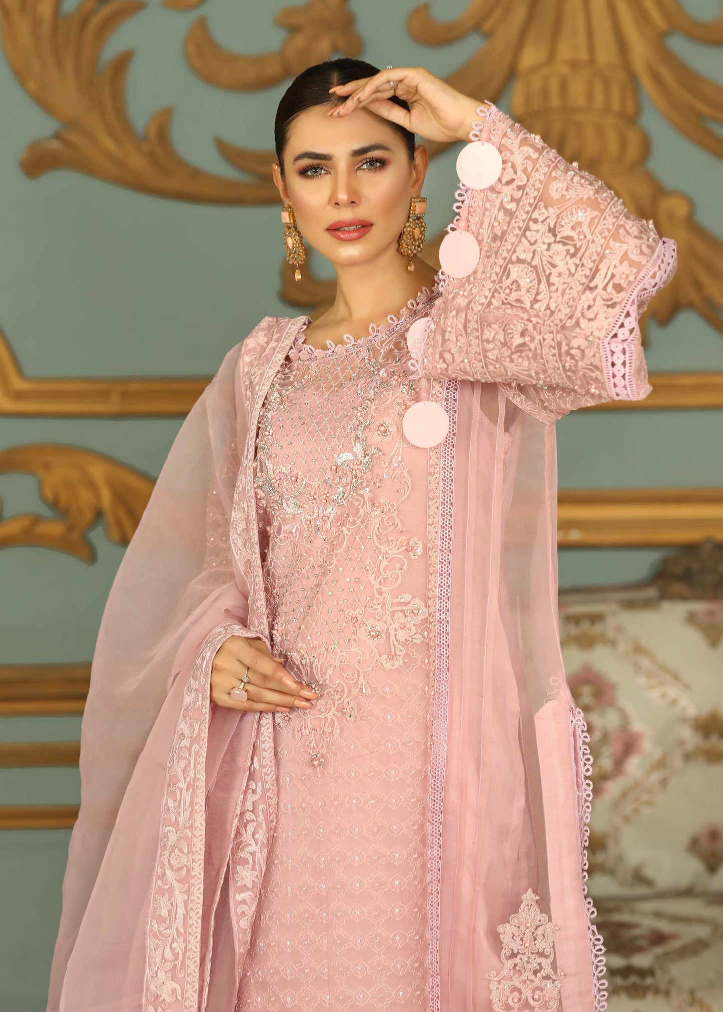 Ladies Festive Pink Organza Shalwar Kameez Online in UK USA Canada