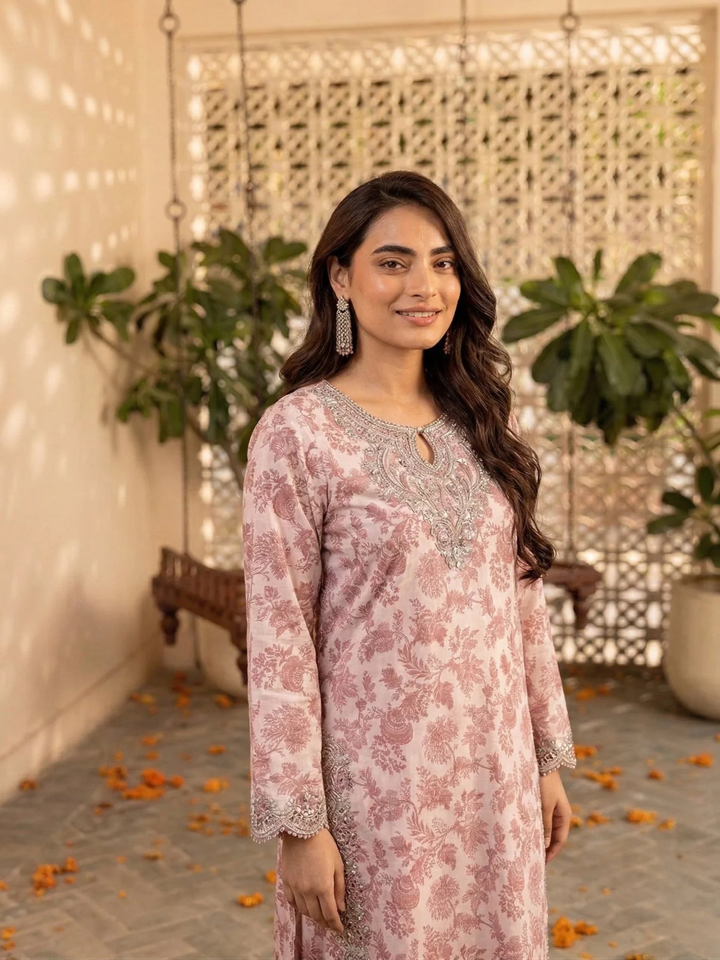 Ladies Festive Pink Printed Lawn Suit Online in UK USA Canada