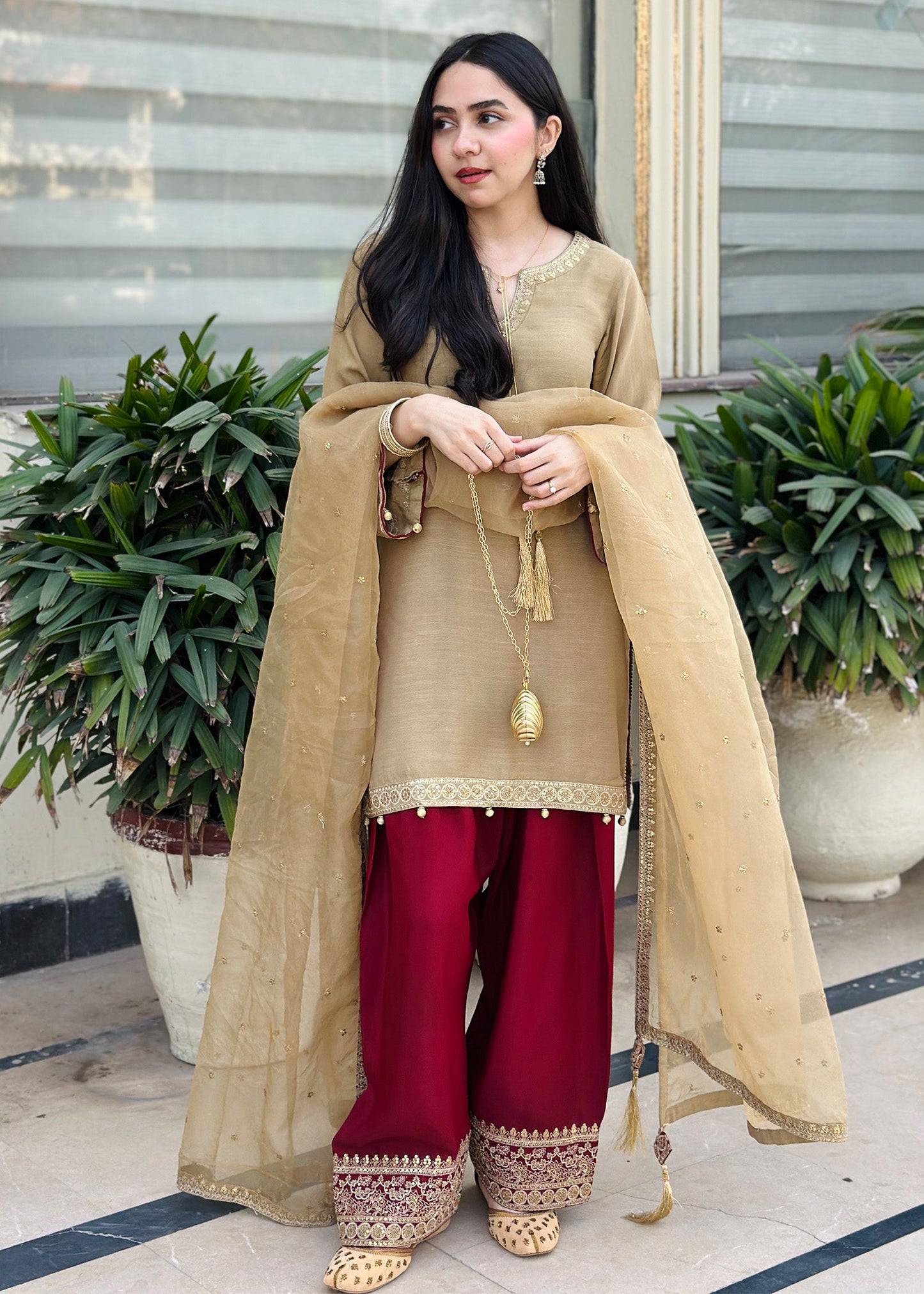 Ladies Festive Raw Silk Farshi Shalwar with Organza Dupatta Online in UK USA Canada
