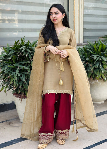 Ladies Festive Raw Silk Farshi Shalwar with Organza Dupatta Online in UK USA Canada