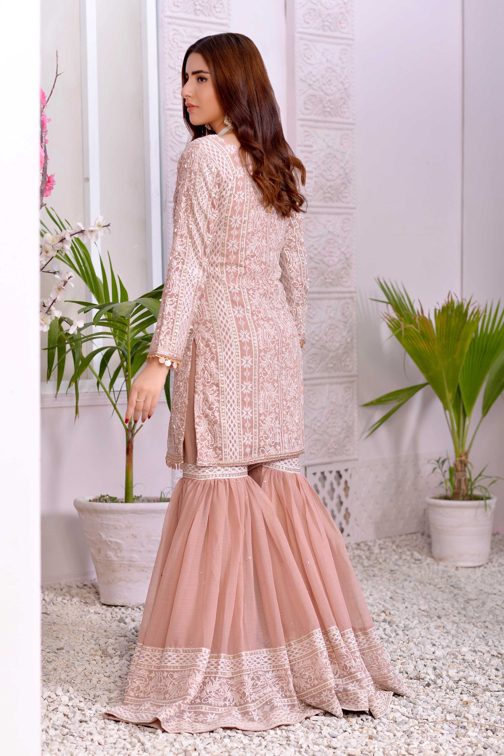 Ladies Festive Wear Blush Pink Chiffon Sharara Gharara Online in UK USA Canada