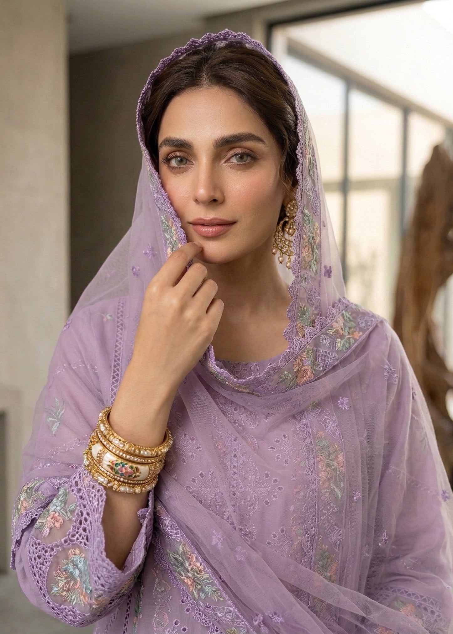 Ladies Festive Wear Embroidered Lawn Suit Ash Purple Online in UK USA Canada
