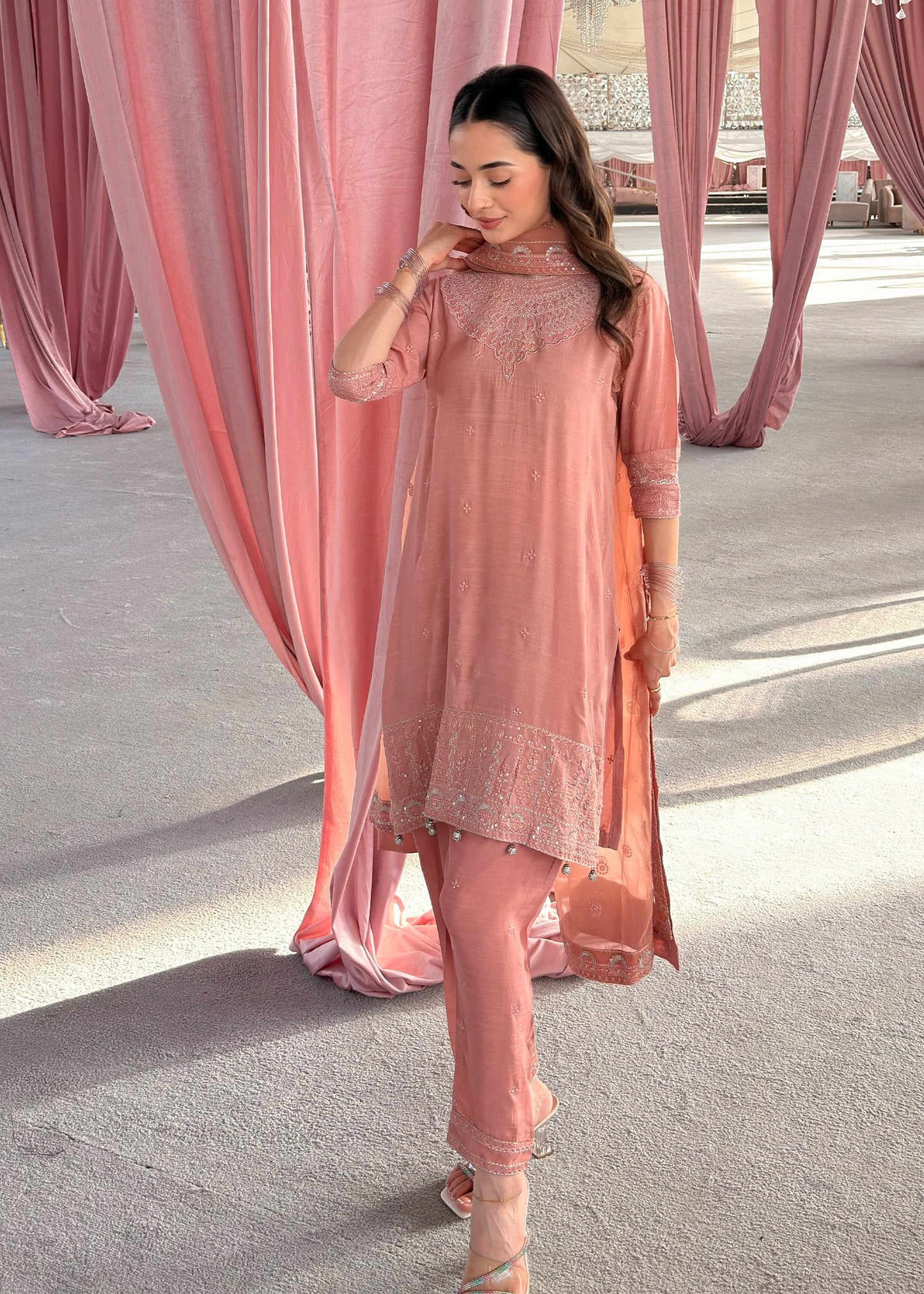 Ladies Festive Wear Peach Pink Organza Dupatta Suit Online in UK USA Canada