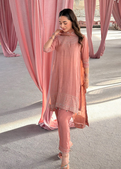 Ladies Festive Wear Peach Pink Organza Dupatta Suit Online in UK USA Canada