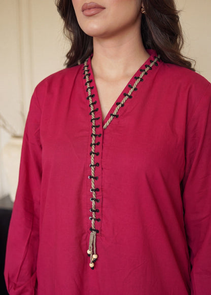 Ladies Fire Red Lacework Straight Cut Kurta Online in UK USA Canada