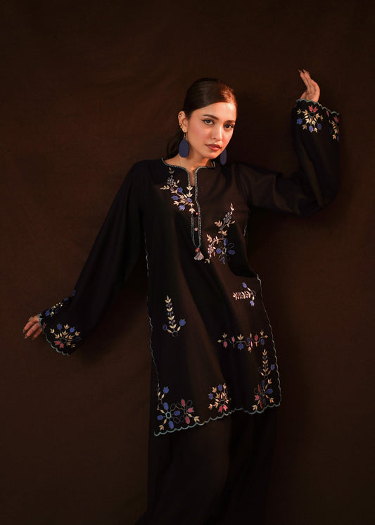 Ladies Floral Embroidered Black Khaddar Kurta Trouser Online in UK USA Canada