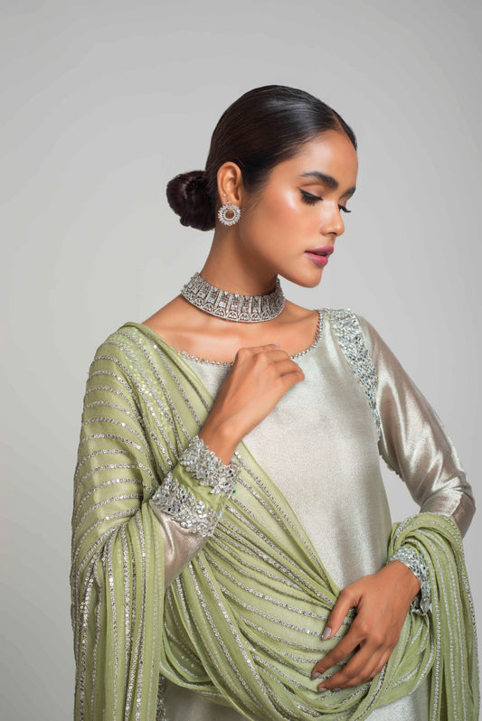 Ladies Formal Wear Silver Green Designer Suit Online in UK USA Canada