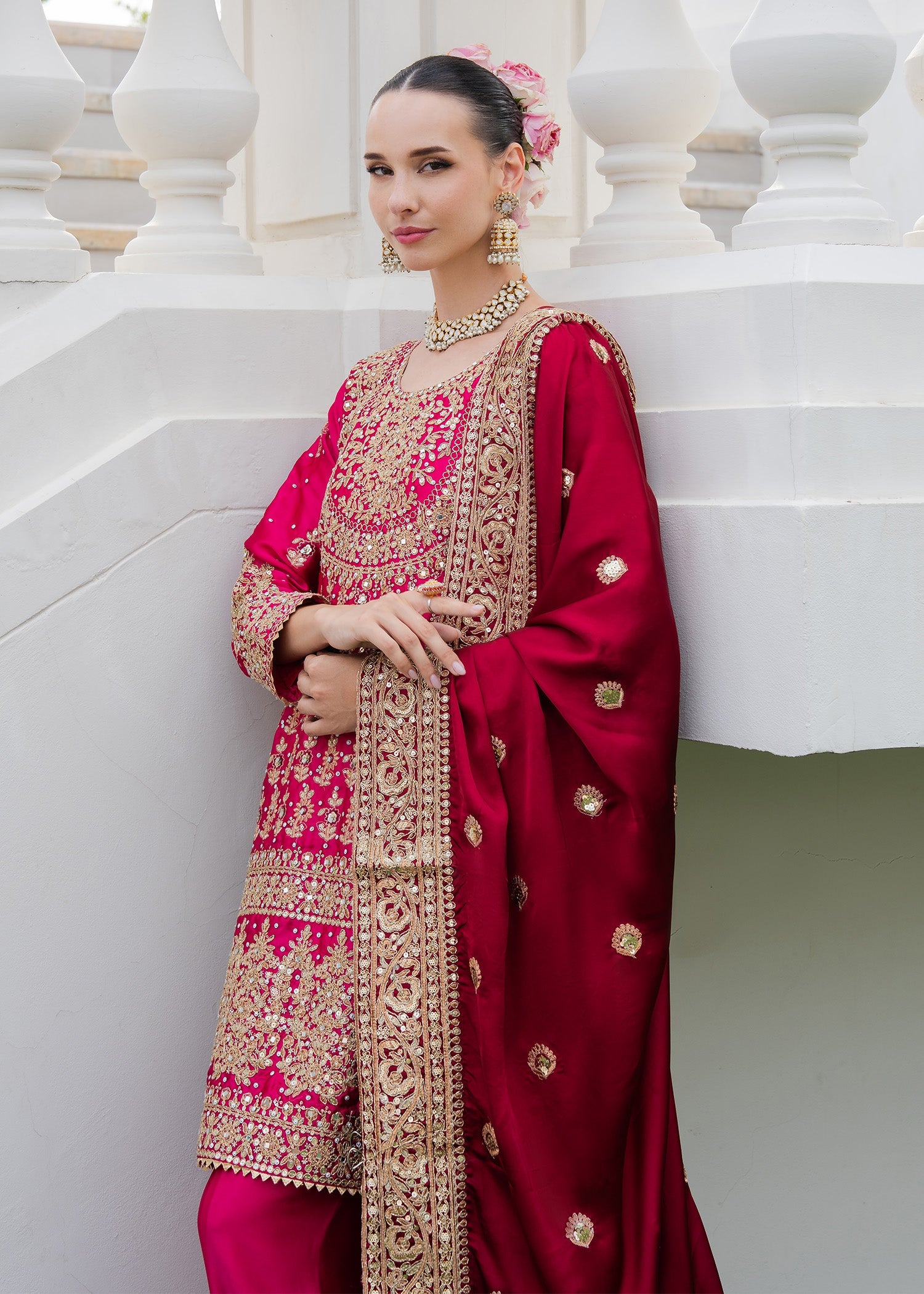 Ladies Fuchsia Gold Charmuse Partywear Suit Online in UK USA Canada