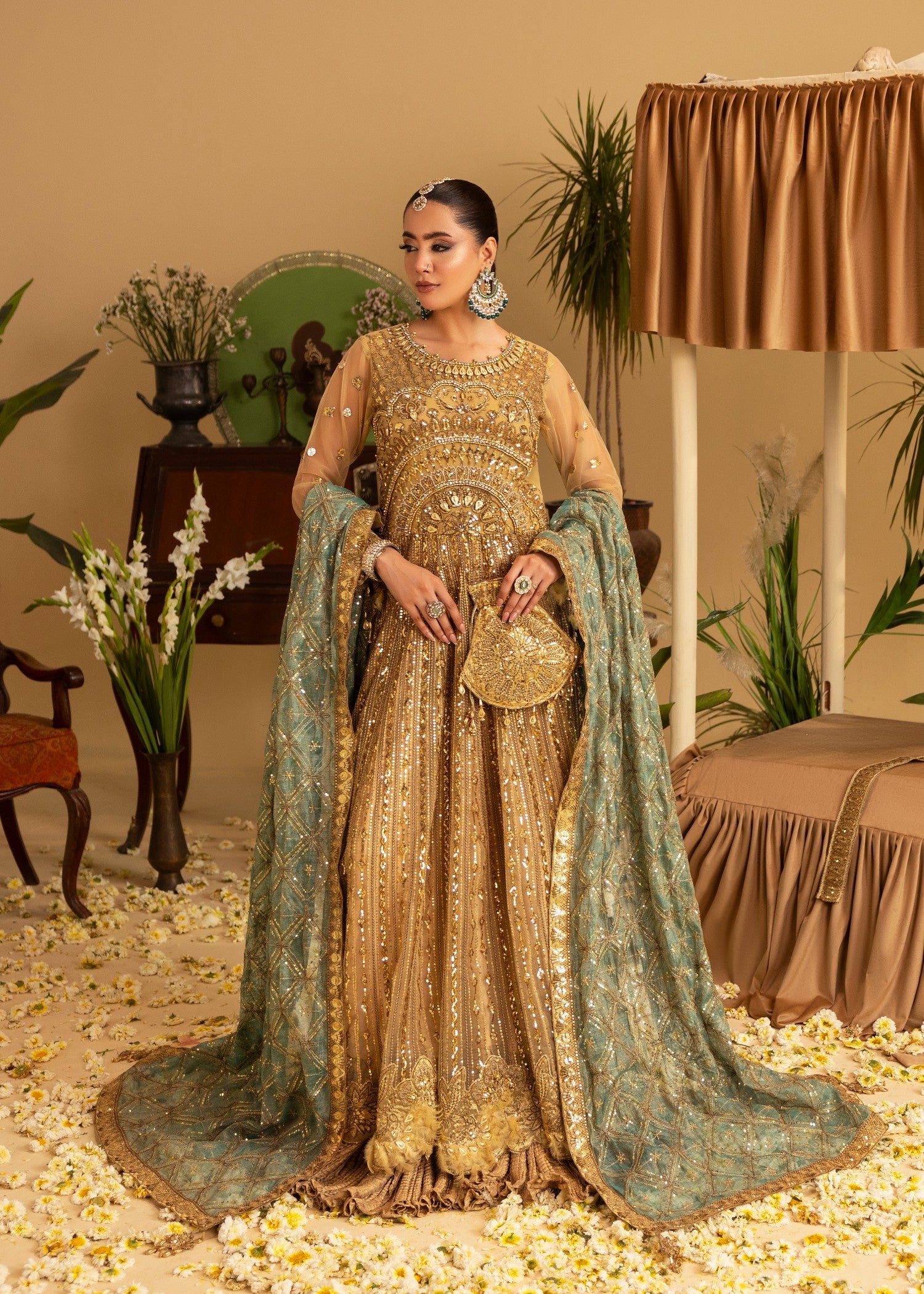 Ladies Gold Embellished Net Shalwar Kameez Online in UK USA Canada