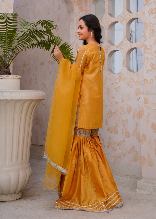 Ladies Gold Embroidered Gharara Salwar Kameez Online in UK USA Canada