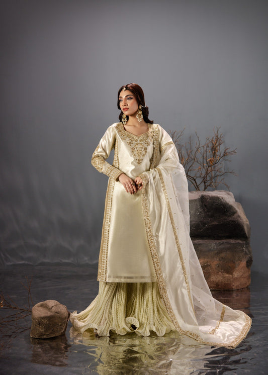 Ladies Gold Embroidered Sharara Suit Online in UK USA Canada