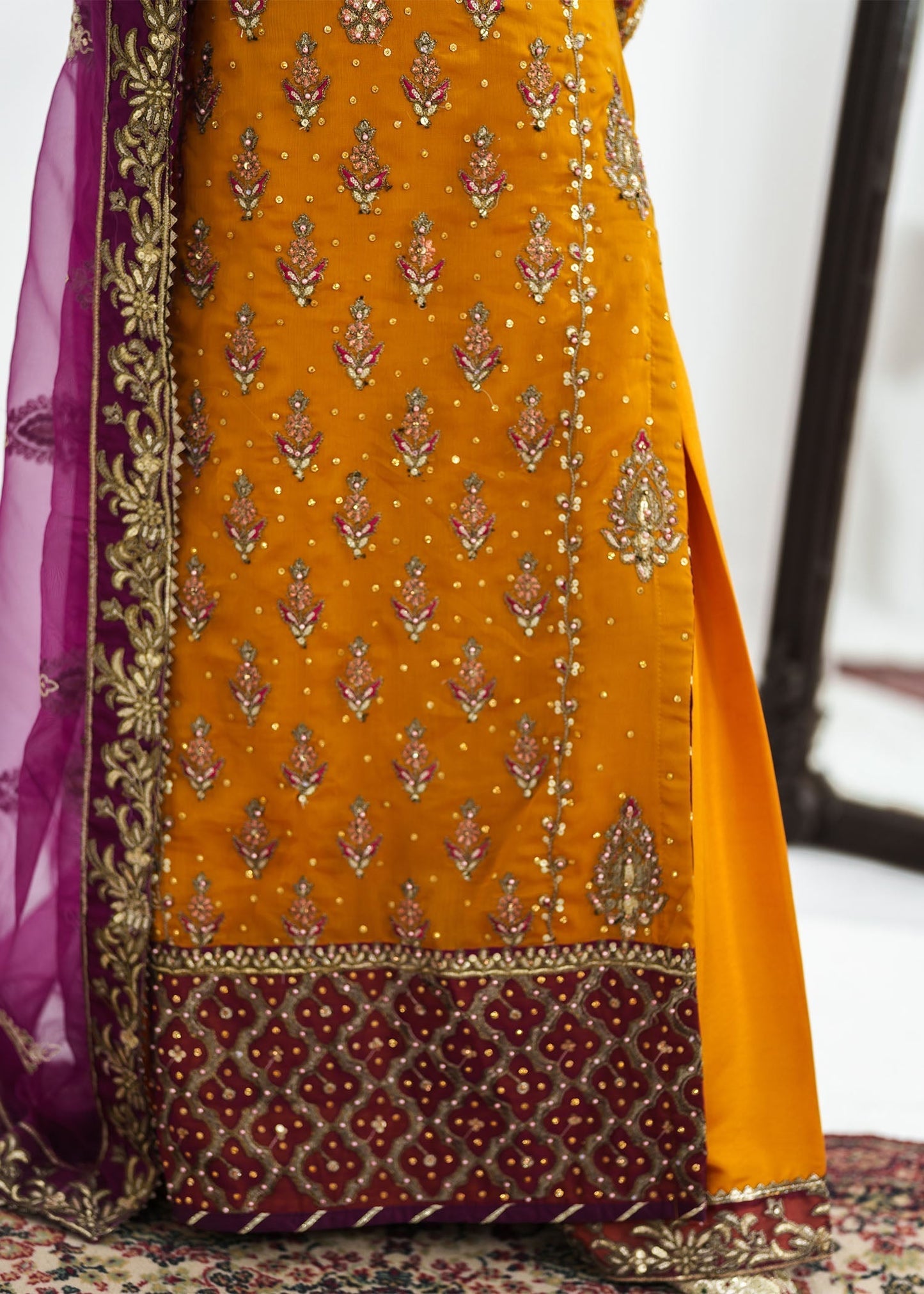 Ladies Gold Zari Embroidered Chiffon Suit Online in UK USA Canada