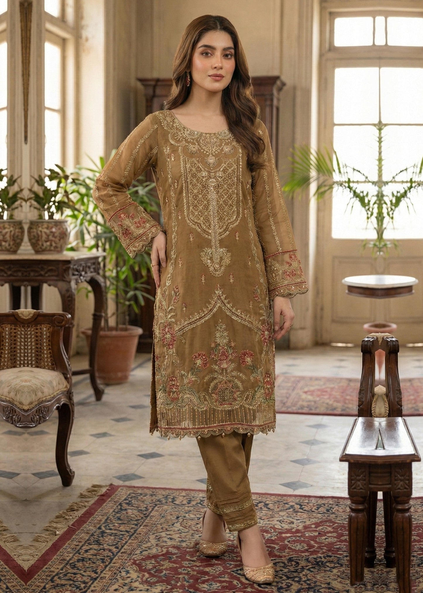 Ladies Golden Brown Organza Festive Wear Suit Online in UK USA Canada