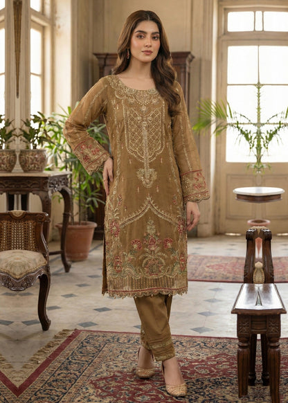 Ladies Golden Brown Organza Festive Wear Suit Online in UK USA Canada