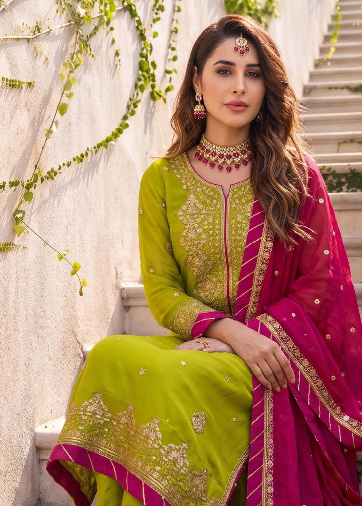 Ladies Green Chiffon Salwar Kameez Partywear Online in KSA Riyadh Saudi Arabia Oman Bahrain Qatar