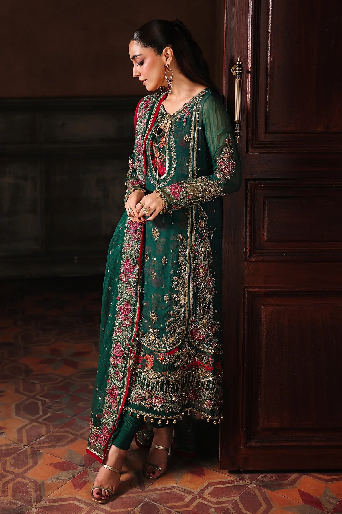 Ladies Green Chiffon Wedding Salwar Kameez Online in KSA Riyadh Saudi Arabia Oman Bahrain Qatar