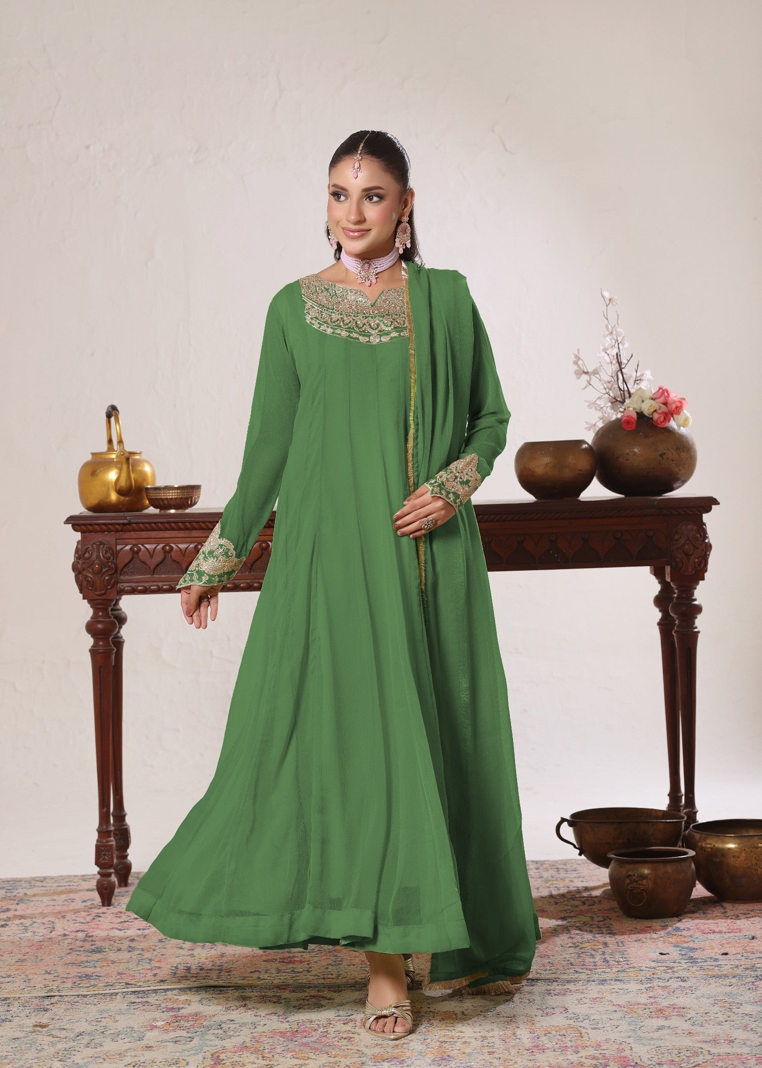 Ladies Green Embellished Chiffon Shalwar Kameez Online in UK USA Canada