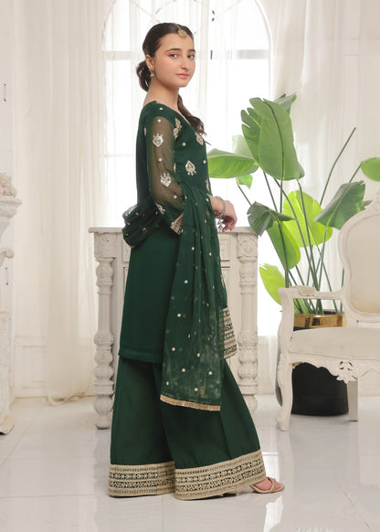 Ladies Green Embroidered Chiffon Partywear Suit Online in UK USA Canada