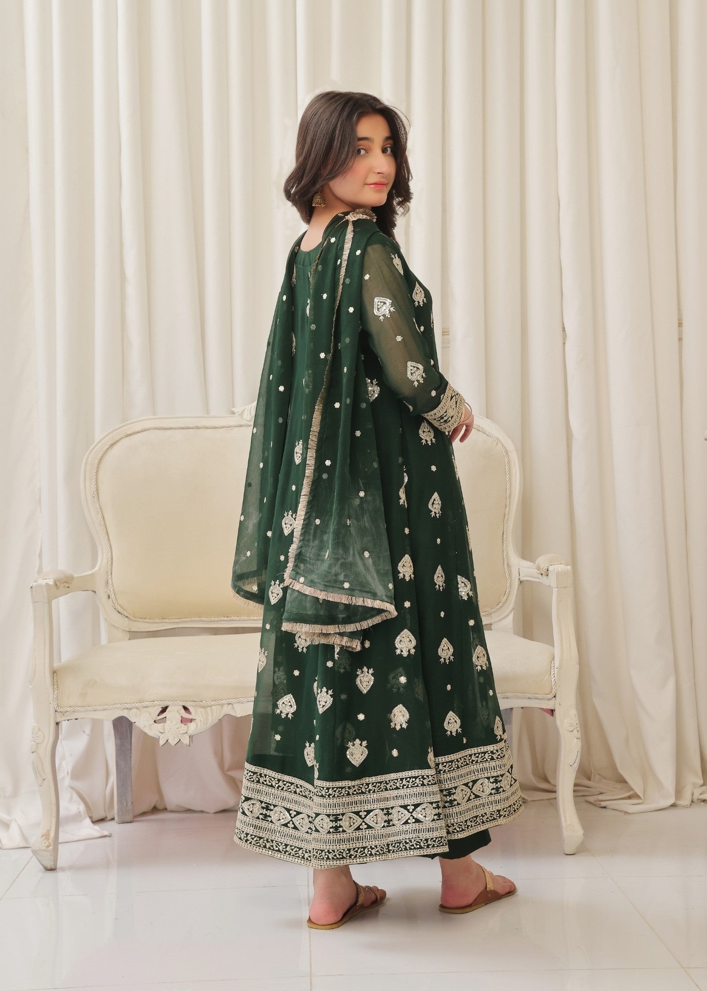 Ladies Green Embroidered Chiffon Partywear Suit Online in UK USA Canada