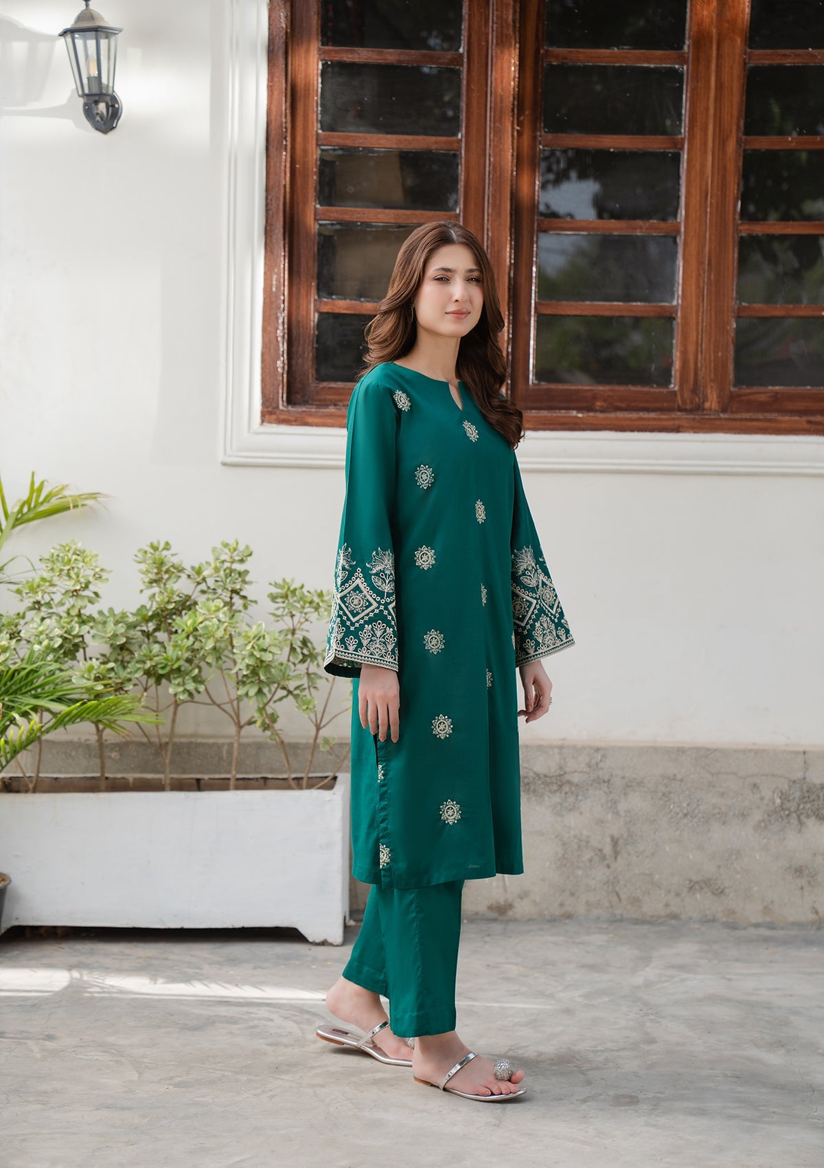 Ladies Green Embroidered Cotton Shalwar Kameez Online in UK USA Canada