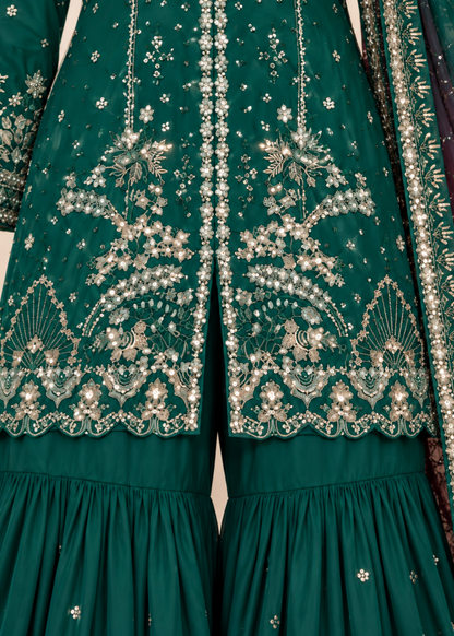 Ladies Green Embroidered Gharara with Organza Dupatta Online in UK USA Canada