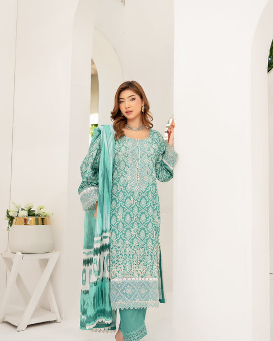 Ladies Green Embroidered Lawn Shalwar Kameez Online in UK USA Canada