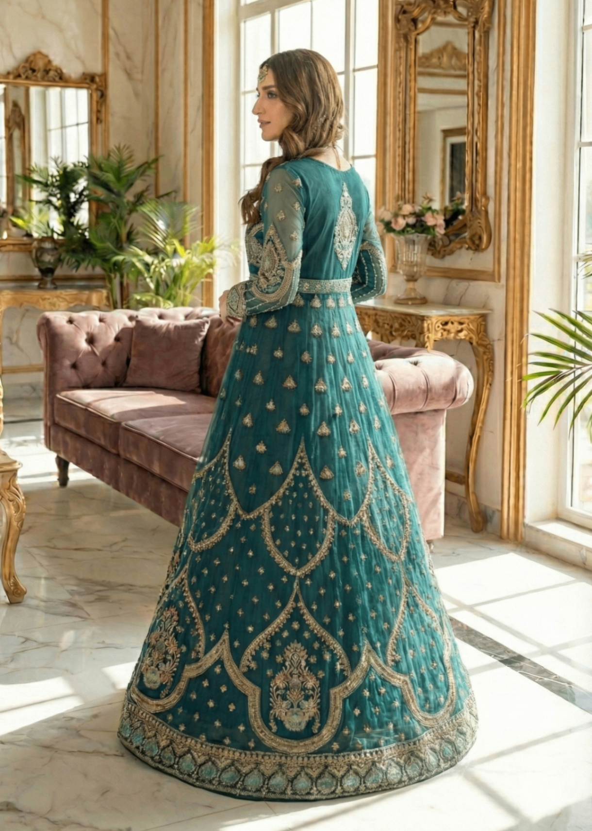 Ladies Green Embroidered Raw Silk Partywear Suit Online in UK USA Canada