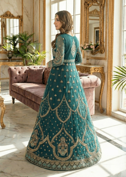 Ladies Green Embroidered Raw Silk Partywear Suit Online in UK USA Canada