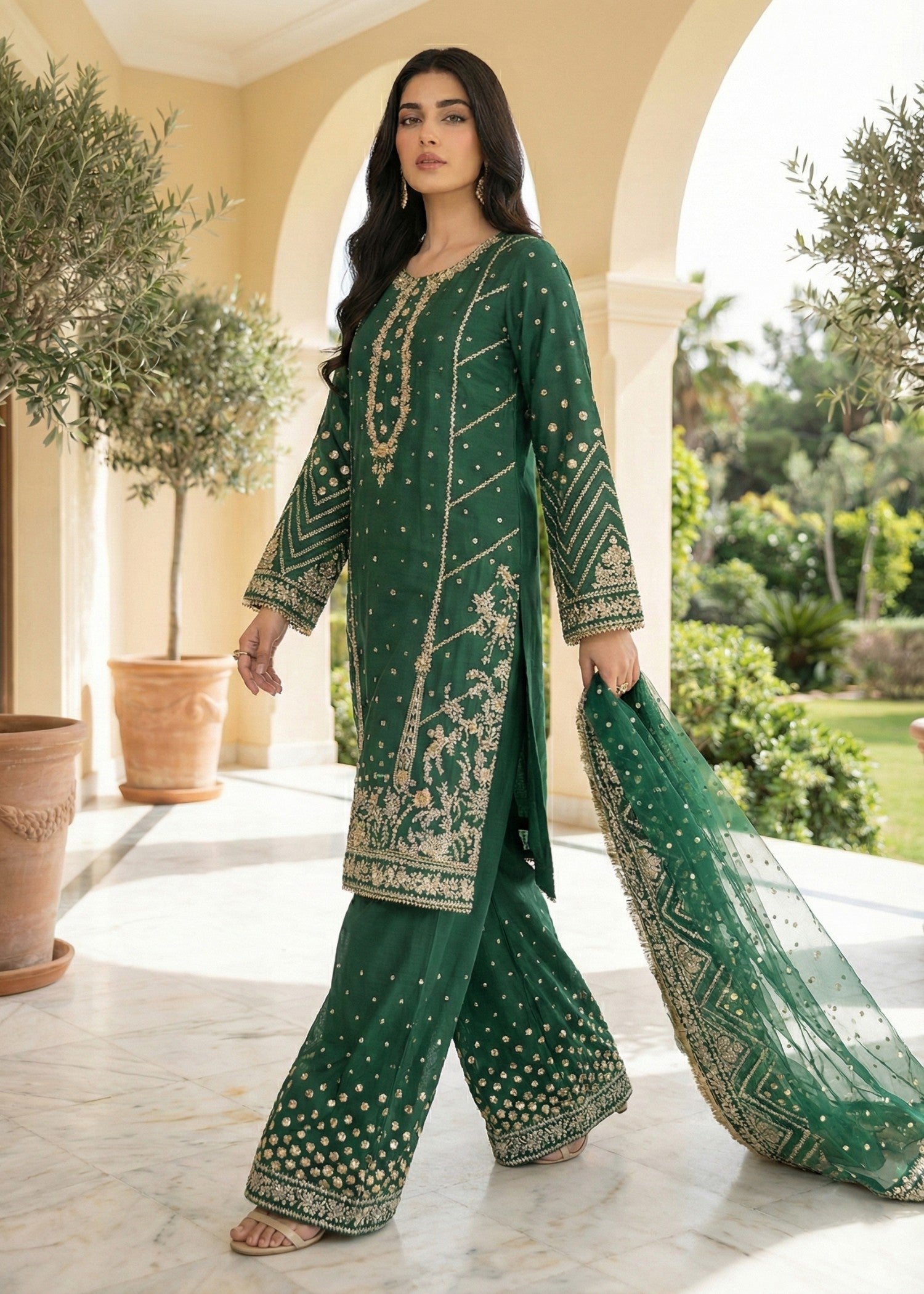 Ladies Green Embroidered Raw Silk Shalwar Kameez Online in UK USA Canada