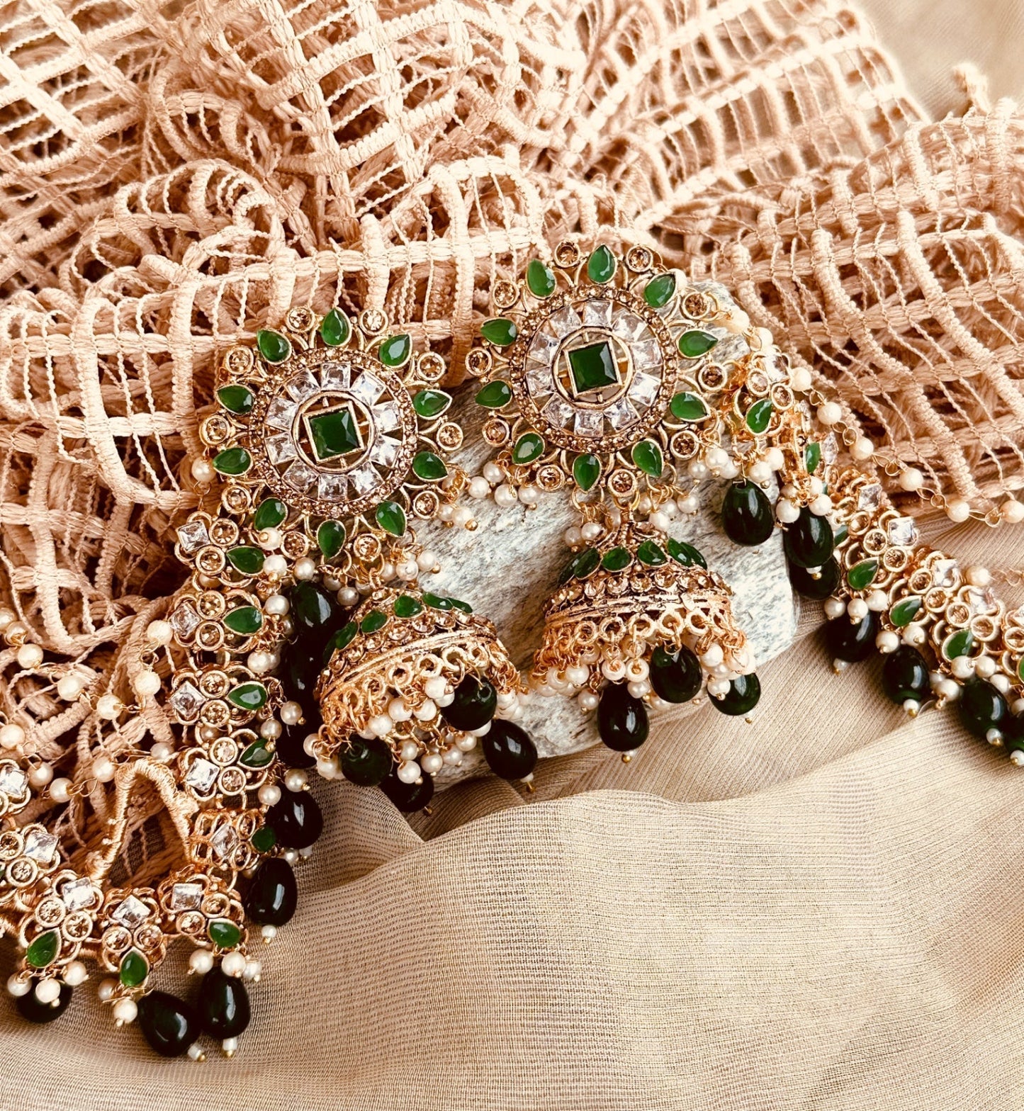 Ladies Green Jhumka Earrings with Stone Work Online in UK USA Canada