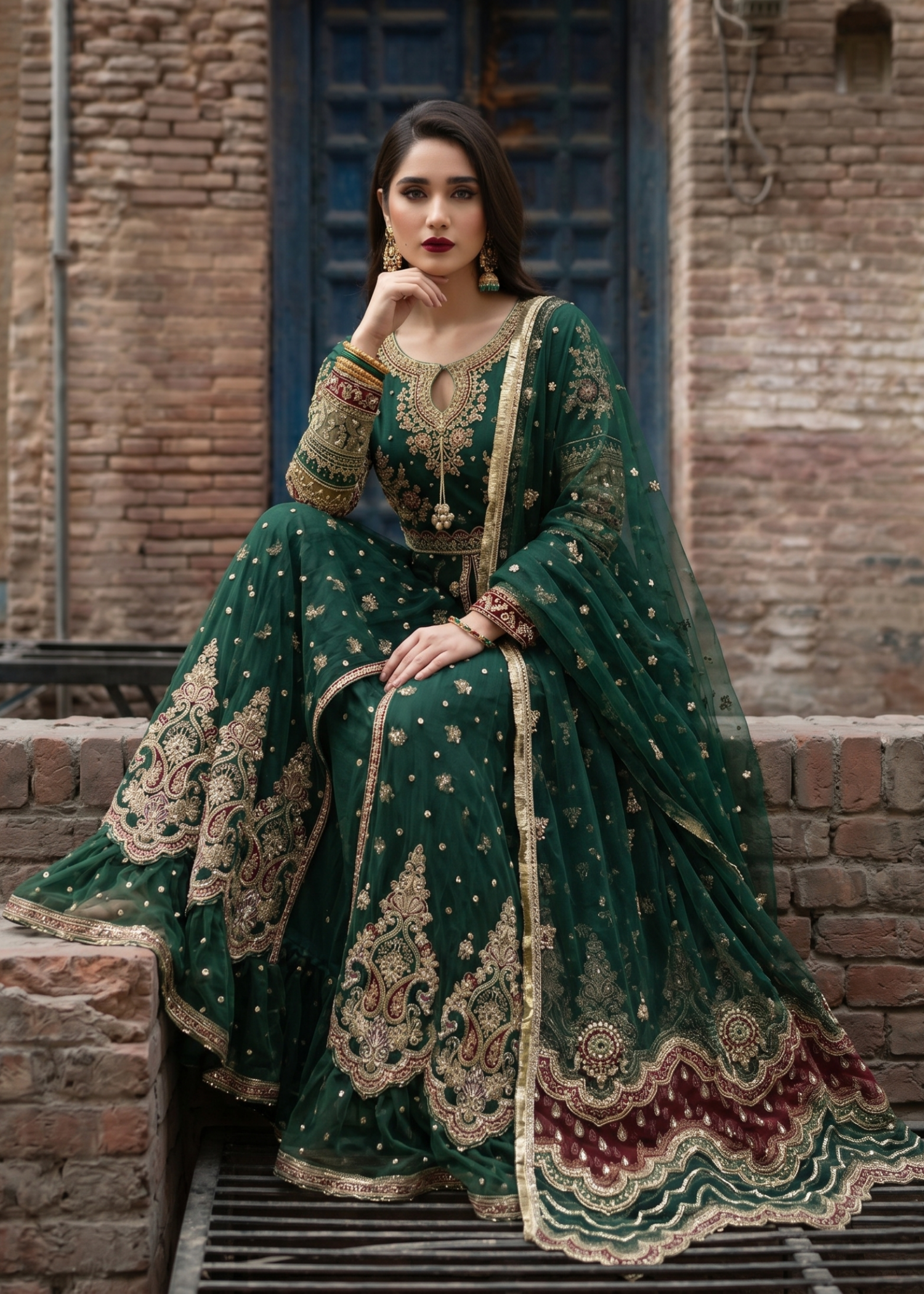 Ladies Green Net Suit with Dupatta Online in UK USA Canada