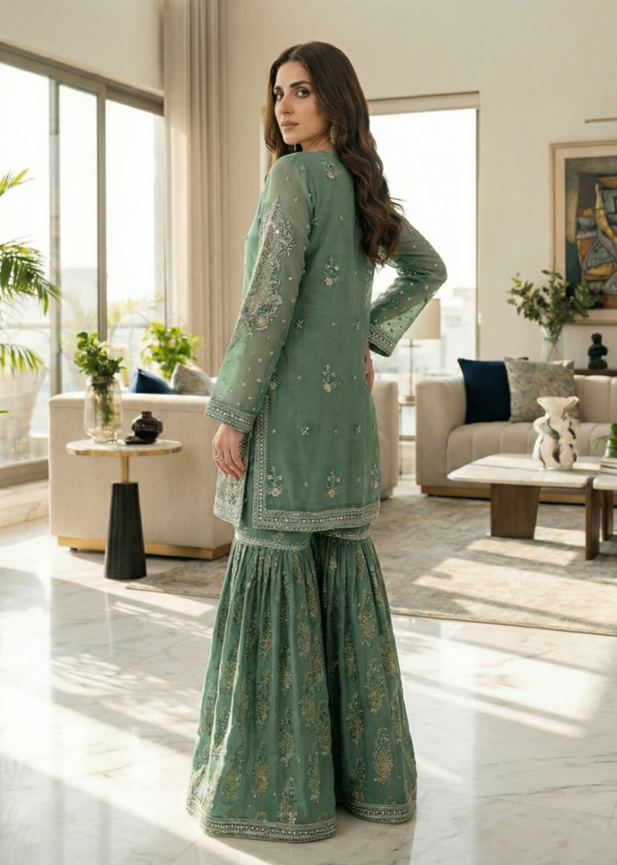 Ladies Green Organza Gharara Salwar Kameez Online in UK USA Canada