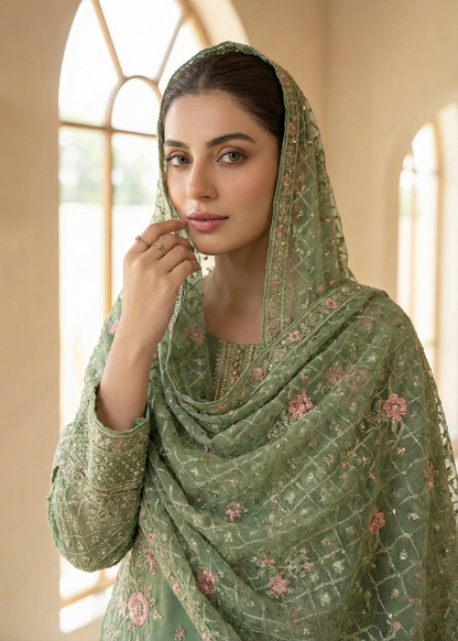 Ladies Green Organza Kurta with Dupatta Online in UK USA Canada