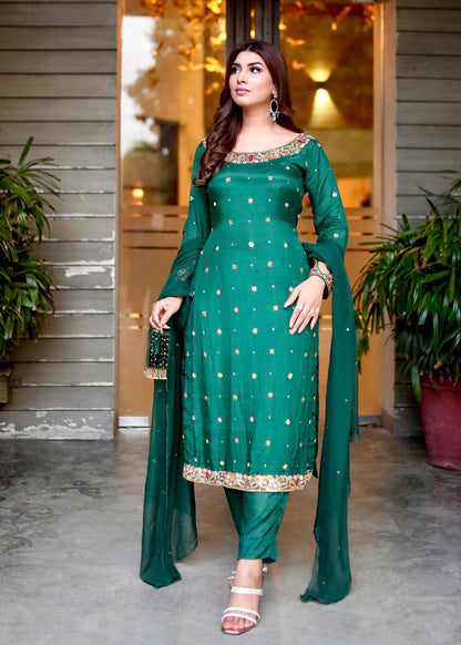 Ladies Green Raw Silk Festive Suit Online in UK USA Canada
