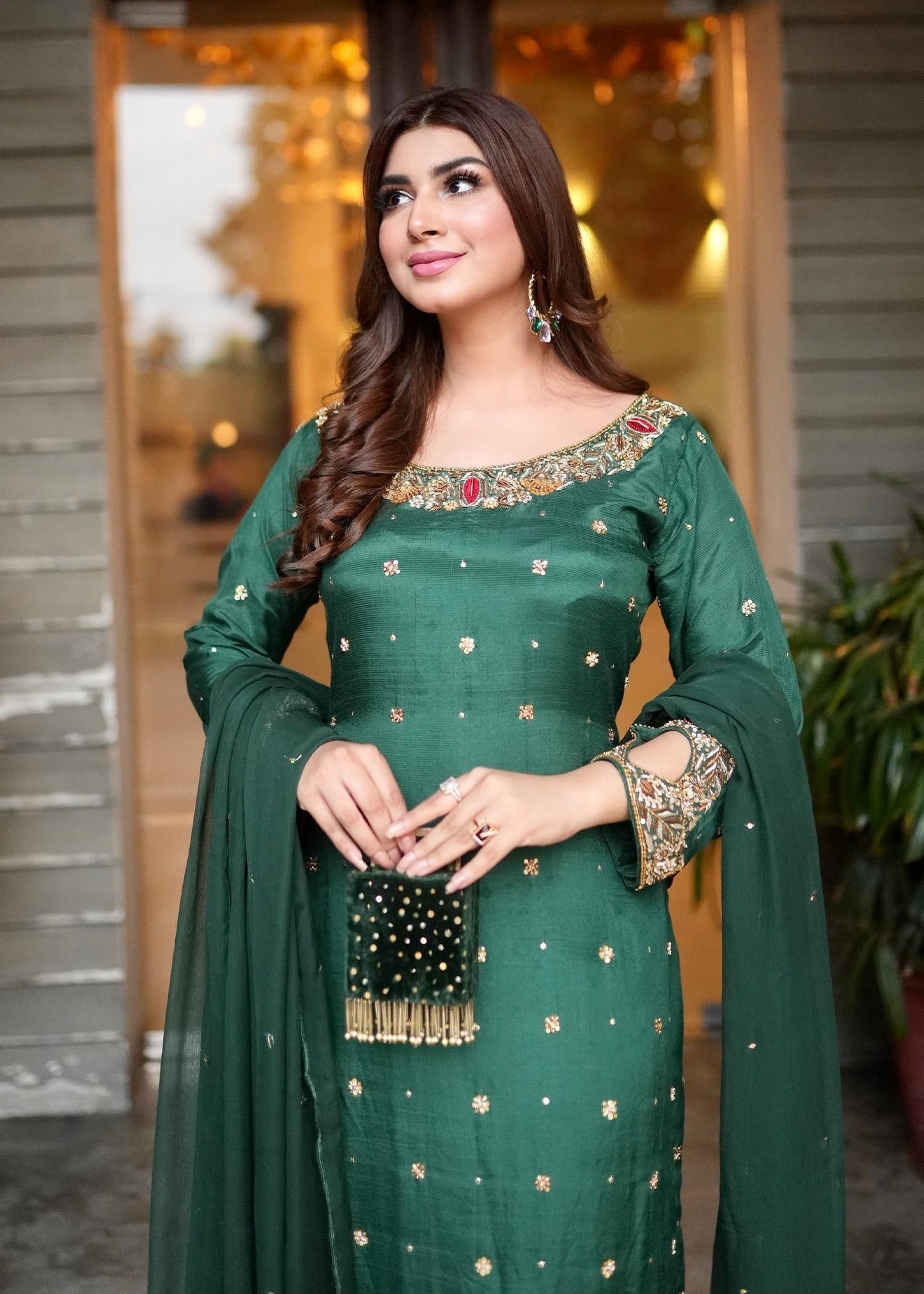 Ladies Green Raw Silk Straight Cut Kurta Online in UK USA Canada