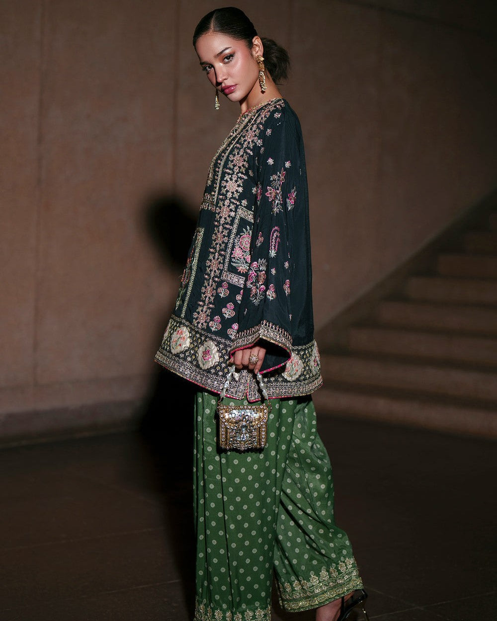 Ladies Green Silk Farshi Suit Online in UK USA Canada