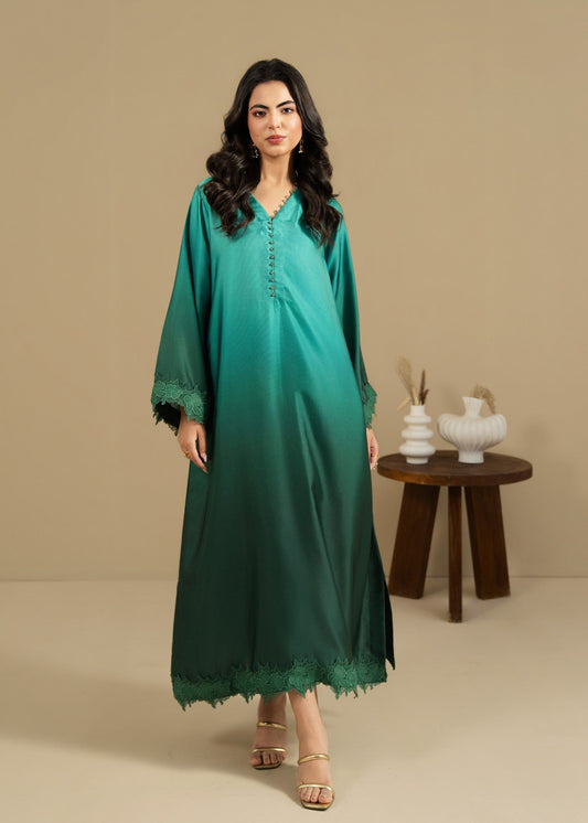 Ladies Green Silk Festive Kaftan Online in KSA Riyadh Saudi Arabia Oman Bahrain Qatar