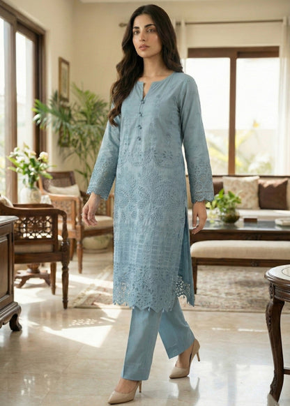 Ladies Grey Blue Chikankari Cotton 3 Piece Suit Online in Dubai DXB UAE Abudhabi Meena Bazaar