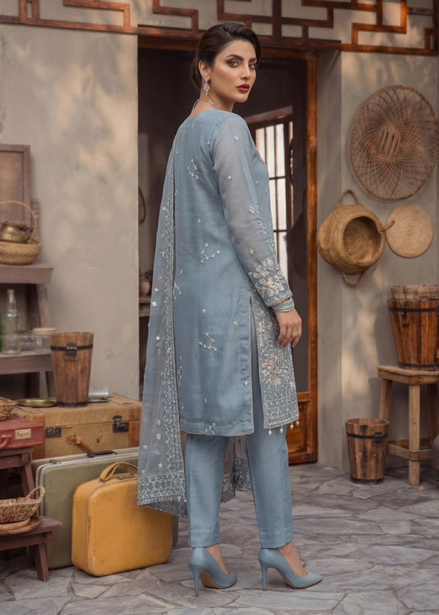 Ladies Grey Blue Embroidered Organza Festive Suit Online in Dubai UAE Abudhabi Ajman Sharjah