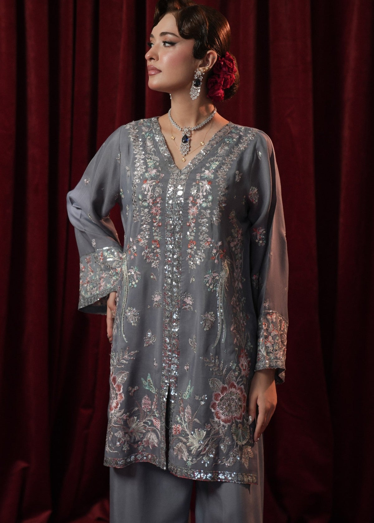 Ladies Grey Chiffon Salwar Kameez with Floral Embroidery Online in KSA Riyadh Saudi Arabia Oman Bahrain Qatar